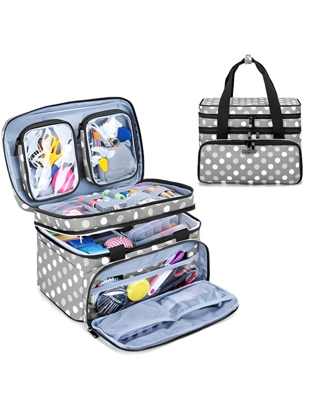 Double Layer Sewing Accessories Organizer with 2 Detachable Pouches